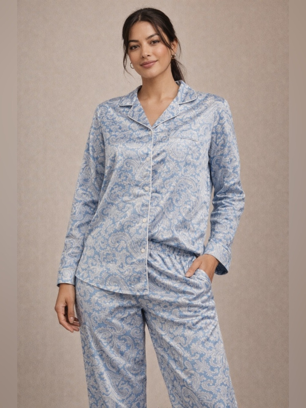 Miss Elaine Light Blue Paisley Button-Front Pajama Set